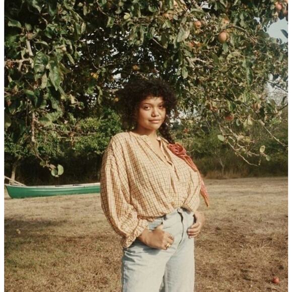 DOEN The Jane Blouse Orange Meringue Plaid Print S - Picture 9 of 9